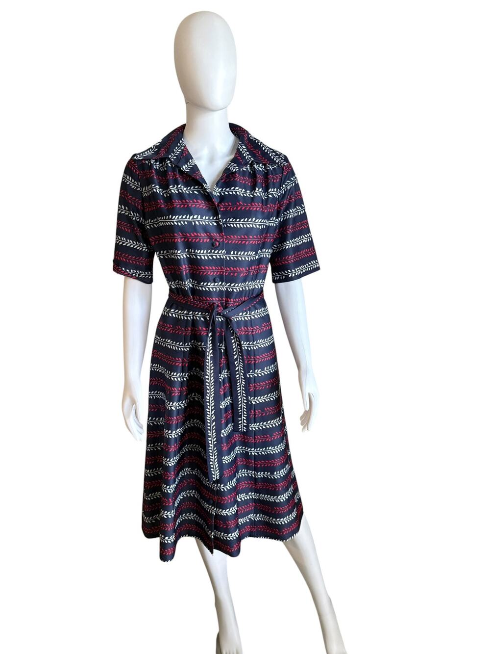Leslie Pomer Navy Leaf Print Belted Shirt Midi Dress